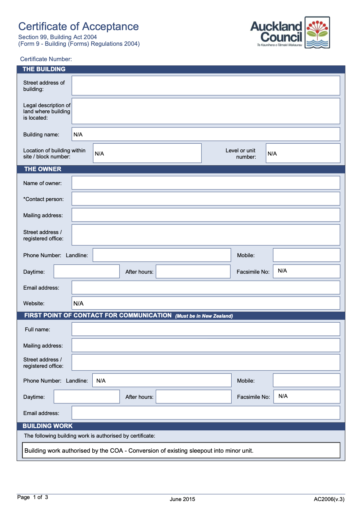 Notice to Fix document example showing details of unconsented building work including kitchen and bathroom additions