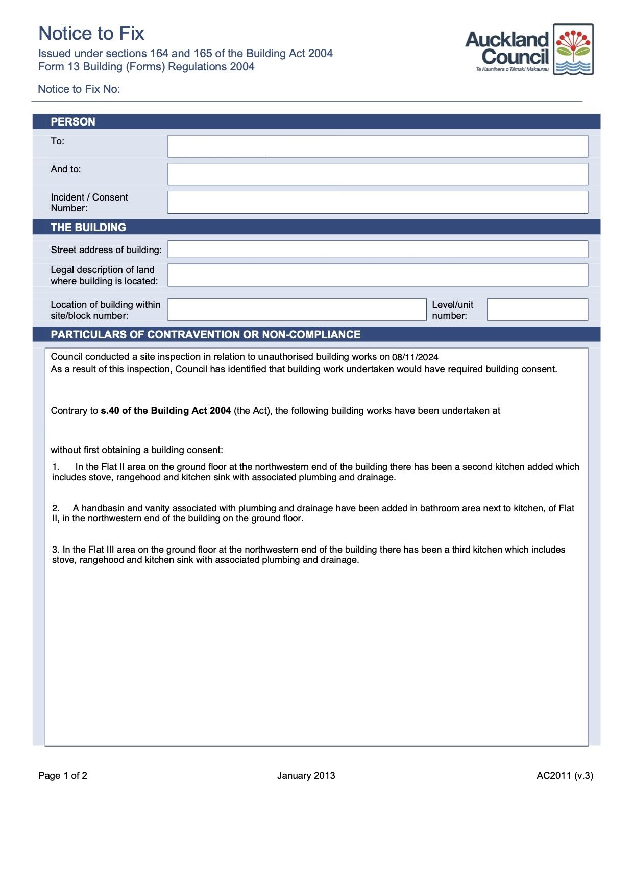 Notice to Fix sample document from Auckland Council showing unconsented building work
